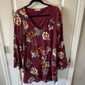 Burgundy floral bell sleeve shirt dress